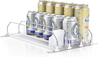 OTraki Drink Organizer for Fridge, 3 Rows Soda Can Drink Dispenser for Refrigerator Space-Saving Can Holders Dispenser with Automatic Pusher Glide and Adjustable Width, Hold up to 15 Cans, Clear