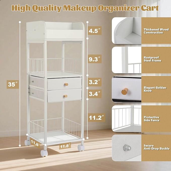 Makeup Organizer Storage Cart, Rolling Floor Skincare Organizer with 2 Drawers, Makeup Vanity Organizer Cosmetics Display Cases Holder for Skin Care, Perfume, Makeup Brush, Nail Polish, Hair Tools