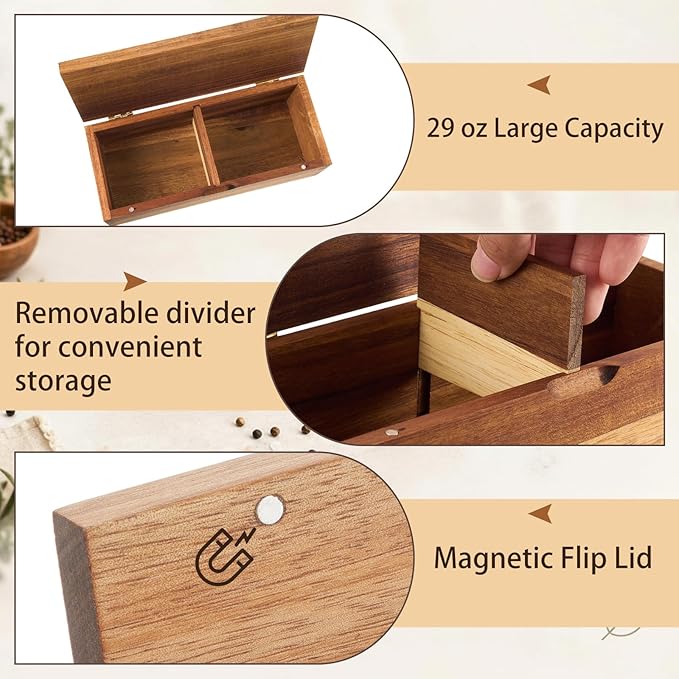 Acacia Wood Salt Cellar Spice Box with Magnetic Lid 29oz Large Capacity Salt Organizer 2 Compartments for Kitchen Countertop, Pepper, Seasonings, Spices, Grilling & Cooking