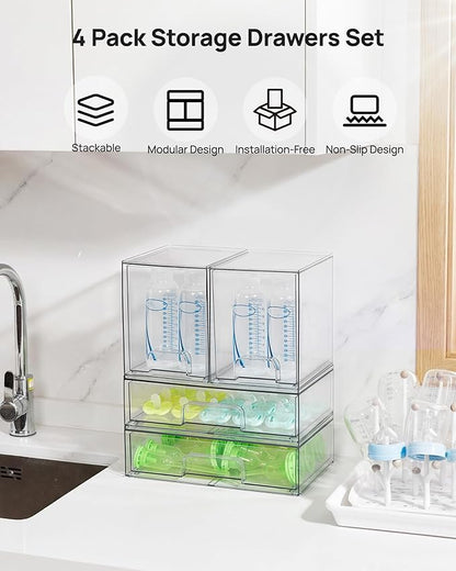 Vtopmart Clear Stackable Storage Drawers Set of 4, Plastic Organizer Bins for Makeup, Cosmetics, Beauty Supplies,Ideal for Vanity, Bathroom,Cabinet,Pantry Organization