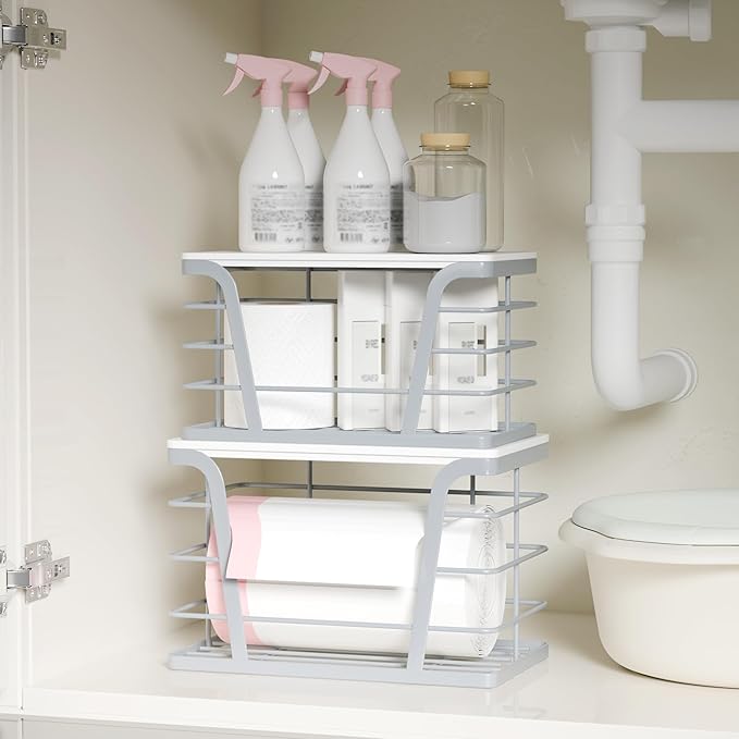 TIDIIABODE 2 Pack Gray Trash Bag Organizer for Kitchen and Pantry, Upgraded Stackable Metal Garbage Bag Holder with Bamboo Top, Modern Under Sink Storage Dispenser for Laundry Room, Garage
