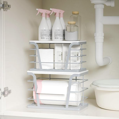 TIDIIABODE 2 Pack Gray Trash Bag Organizer for Kitchen and Pantry, Upgraded Stackable Metal Garbage Bag Holder with Bamboo Top, Modern Under Sink Storage Dispenser for Laundry Room, Garage