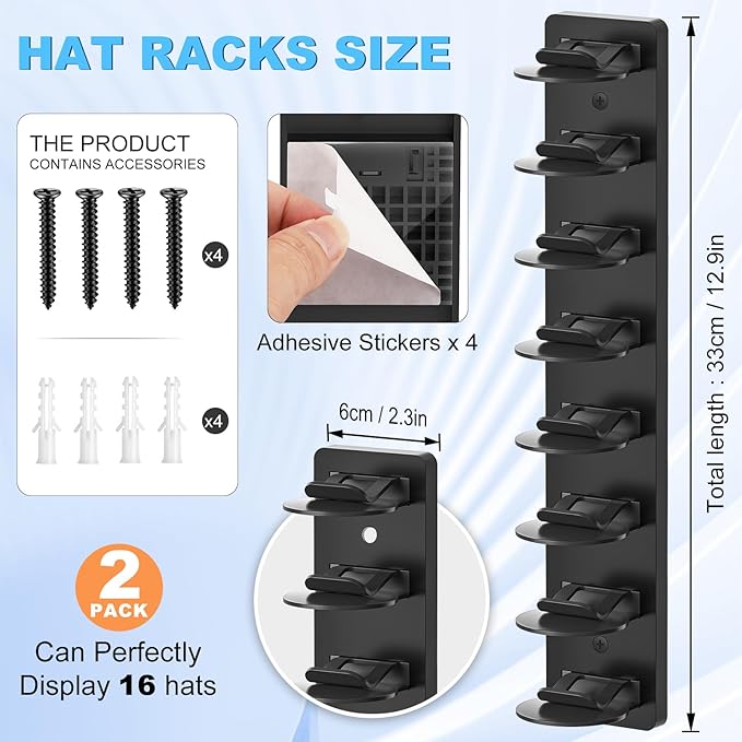 Eiito Hat Organizer for Baseball Caps, 1 Pack Strong Adhesive Hat Rack for Wall, Multilayer Hat Storage Display Holder, Wall Mounted Hat Hooks Hold up to 8 Hats for Closet (Black 1PCS)