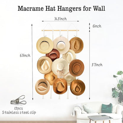 Macrame Hat Hangers for Wall - Boho Hats Rack Cowgirl Hat Holder on Wall, Bring 15 Clips Western Bedroom Decor Hat Display Country Room Decor Gift for Mother Women, 100% Natural Cotton, 31x63inch