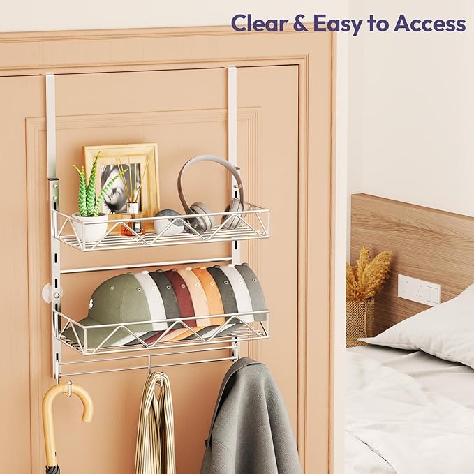 SWTYMIKI Over Door Hat Organizer - 3 Tier Wall Mounted Hat Rack with 2 Adjustable Metal Basket and 3 Hooks, Hanging Baseball Cap Organizer Storage Holds up to 29 Caps for Door, Bedroom, Closet