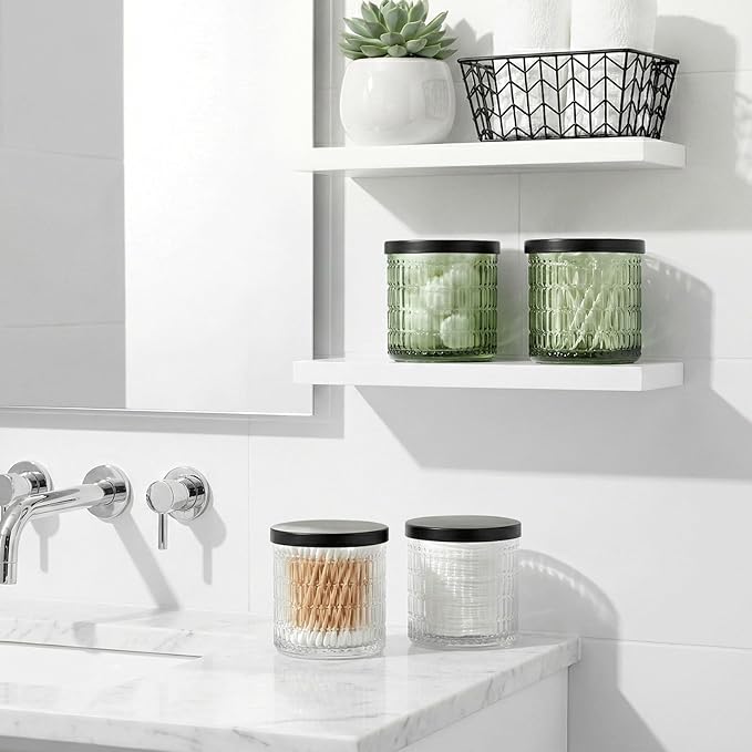 2 Pack Qtip Holder Bathroom Set - Glass Apothecary Jars with Lids, Canisters for Cotton Balls.Swabs, Floss Picks, Hair Ties - Vanity Organizer & Vintage Bathroom Storage (Clear)