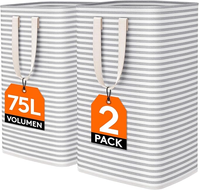 Lifewit 2 Packs Freestanding Clothes Hamper with Carry Handles, Large Tall Laundry Basket for Organization for Adults in Laundry Room Dorm Bedroom, Gray, 2 x 75L