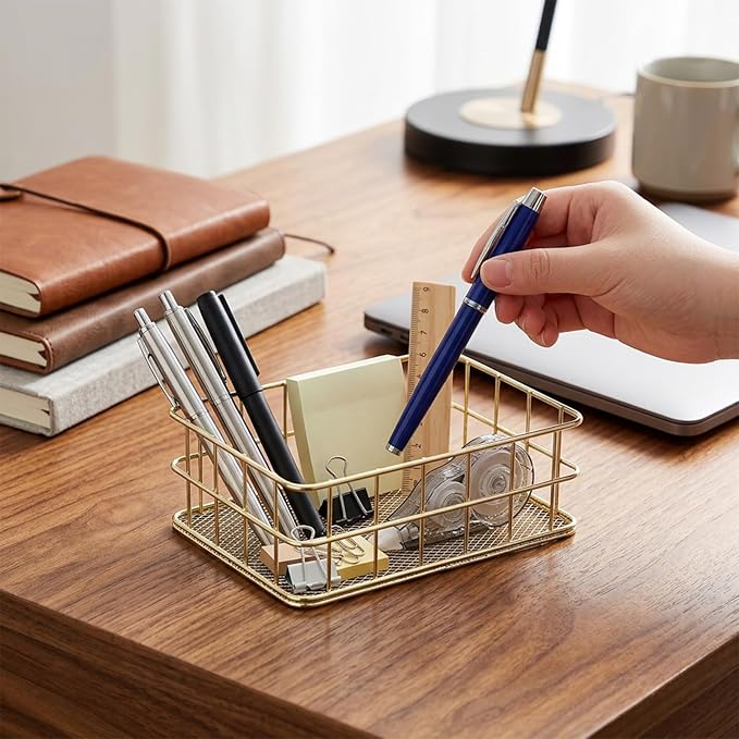 Gold Wire Basket, 6.8x4.8 Inch Gold Small Metal Basket, Versatile Mesh Storage Bin for Home Organization | Decorative Gold Shelf Basket for Home, Desk & Cosmetic Stationery