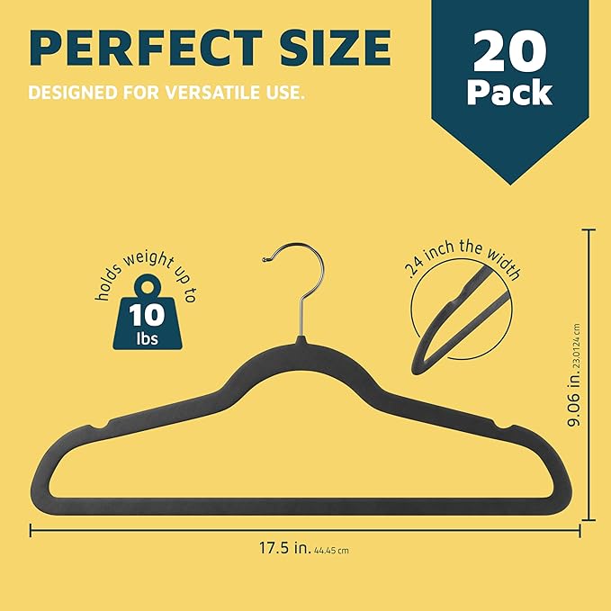 Lifemaster Velvet Non-Slip Hangers - 20 Pieces Non-Slip Coat Hanger Set with 360° Swivel Hook, Space-Saving, Sleek Design, Keep Closet Organized, Smooth Velvet Finish, Lightweight Construction - Gray