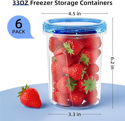 Freezer Storage Containers, 6 Pack-33 OZ Food Storage Containers with Twist Top Lids, Reusable Plastic Containers with Lids, Soup Containers for Meal Prep, Overnight Oats, Leftovers, Snack