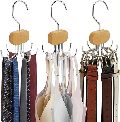 3 Pack Tank Top Hanger, Rotatable Bra Organzier for Closet, Bra Hanger for Closet Organizer, 360° Rotating & Foldable, Metal and Wood, Space-Saving Belt Hangers for Tank Tops, Belt, Tie (Wood)