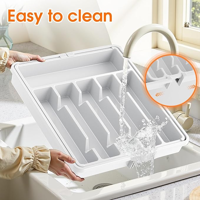 SpaceHacks Silverware Organizer，Adjustable & Expandable Utensil Drawer Organizer, BPA Free Utensil Holder, Cutlery Tray for Forks, Spoons, Knives in Kitchen, Large, White