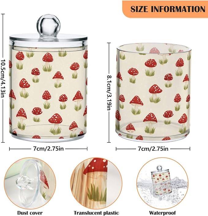 Milk Cow Qtip Holder with Lid 2PCS Apothecary Jars Storage Containers, Clear Plastic Canister for Cotton Swab,Floss Picks, Cosmetics (Red Mushrooms, one sizex2)