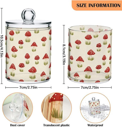 Milk Cow Qtip Holder with Lid 2PCS Apothecary Jars Storage Containers, Clear Plastic Canister for Cotton Swab,Floss Picks, Cosmetics (Red Mushrooms, one sizex2)