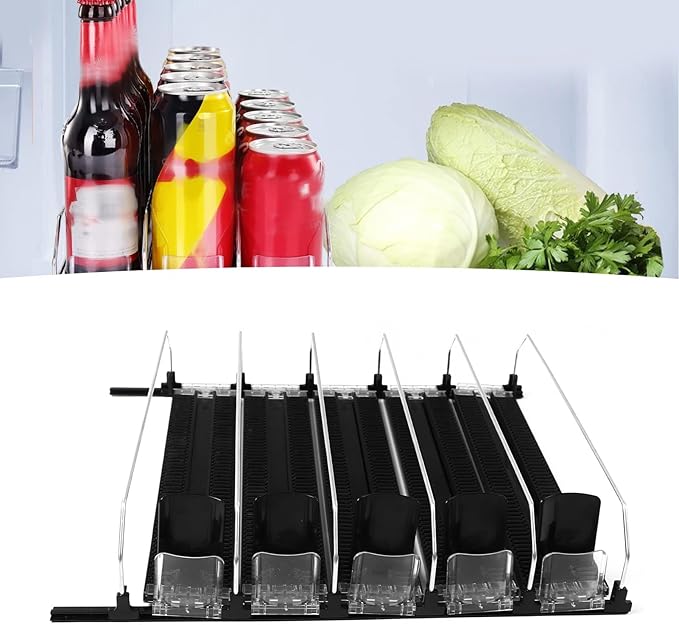 Adjustable Beverage Dispenser, Can and Bottle Organizer, Curved Spring Design, Holds Up to 6 Drinks, Easy Install for Fridge or Pantry (5PCS)