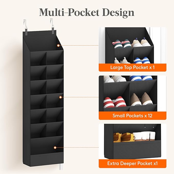 Lifewit 8 Tier Over the Door Shoe Organizer with 15 Large Deep Pockets, Fabric Hanging Shoes Shelf for Closet, Dorm Storage, Fit Up to 16 Pair Shoe Rack Holder for Sneakers, Boots, Black