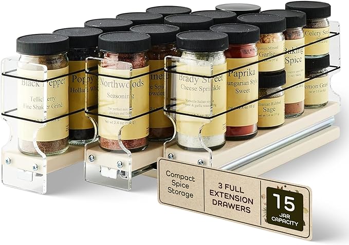 Vertical Spice Cabinet Mounted Spice Rack Organizer - 3 Drawers,15 Reg. or 30 Half Sized Spice Jars - Pantry Organizers & Storage - Pullout Shelf for Kitchen Cupboard (6.9"W x 5.0''H x 10.6"D, Cream)