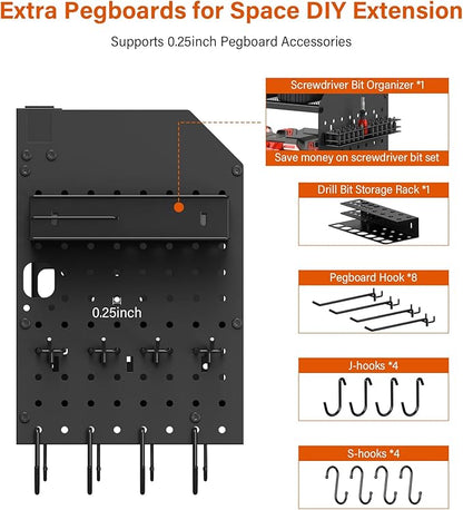 JUNNUJ Large Pegboard Power Tool Organizer with Charging Station, 8 Drills Driver and Tools Battery Holder Wall Mount with 8 Outlet 10 FT Power Strip, Black 3-Layer Shop Garage Storage Utility Rack