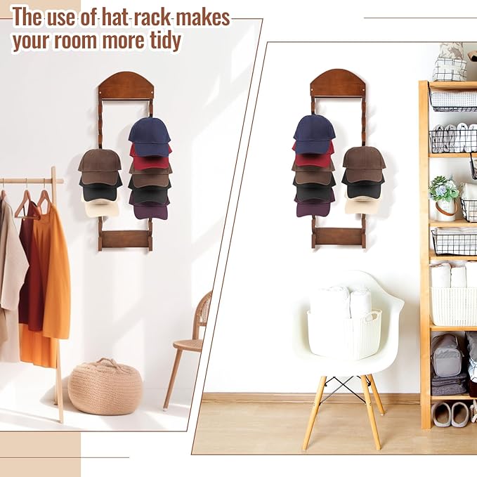 Wonderjune Wooden Hat Racks for Baseball Caps, Wall Mounted Baseball Cap Display Racks, Vertical Hat Storage Organizer, Double Row, 20 Slots for Door Bedroom Living Room Entryroom (12 Drilling Hole)