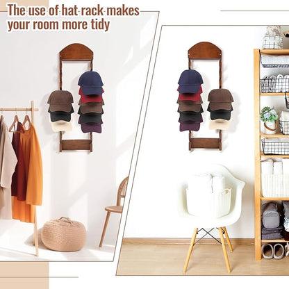 Wonderjune Wooden Hat Racks for Baseball Caps, Wall Mounted Baseball Cap Display Racks, Vertical Hat Storage Organizer, Double Row, 20 Slots for Door Bedroom Living Room Entryroom (12 Drilling Hole)