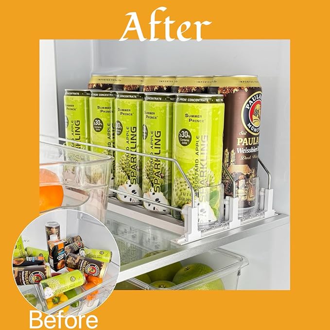 Drink Organizer for Fridge, Self Pushing Soda Can Dispenser for Refrigerator, Automatic Beverage Pusher Glide Beer Water Bottle Holder -2 Rows, White