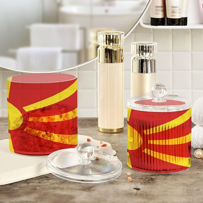 DOMIKING Flag Macedonia 2 Pack Bathroom Canisters Cotton Swab Holder Dispenser Plastic Cotton Ball Jar Acrylic Storage Containers for Cotton Swab Cotton Ball Cotton Round Pads