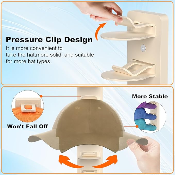 2 Pack Hat Organizer for Baseball Caps, Hat Rack for Wall, Strong Adhesive & Screw-in Cap Holder Hat Hangers for Closet Door & Bedroom (Beige-2Pack)