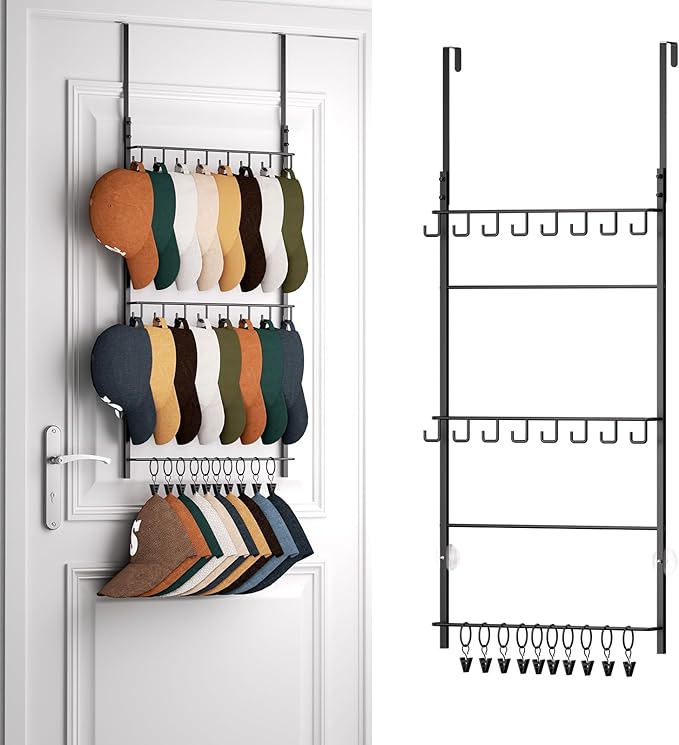 HapiRm Over Door Hat Rack - 3 Tier Wall Mounted Hat Organizer with 16 Hooks and 10 Movable Clips, Baseball Cap Organizer Storage Holds up to 26 Caps for Door, Bedroom, Closet USPTO Patented