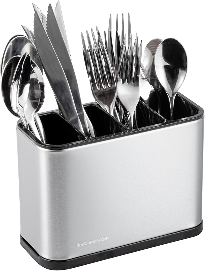 Restaurantware Stainless Steel Utensil Holder 1 Count 7 x 3.3 x 5.1 Inches Durable Cutlery Storage Flatware Organizer Rust-Resistant Sink Caddy Silver Kitchenware Holder