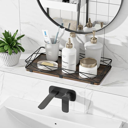 Lixple Toilet Paper Basket Holder, 13" Toilet Tank Tray, Wood and Metal Toilet Tray Vanity Organizer Bathroom Tray, Kitchen Sink Organizer for Soap Dispenser (Brown+Black)