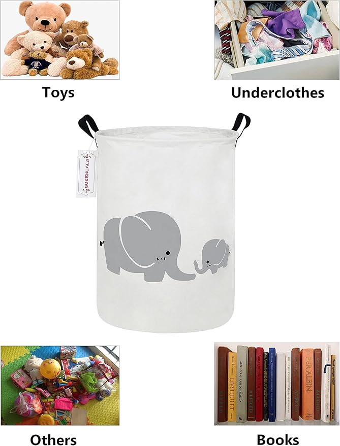 QUEENLALA Large Storage Basket,Laundry Hamper/Bathroom/Home Decor/Collapsible Round Storage Bin,Boys and Girls Hamper/Boxes/Clothing(Parent-child elephant)