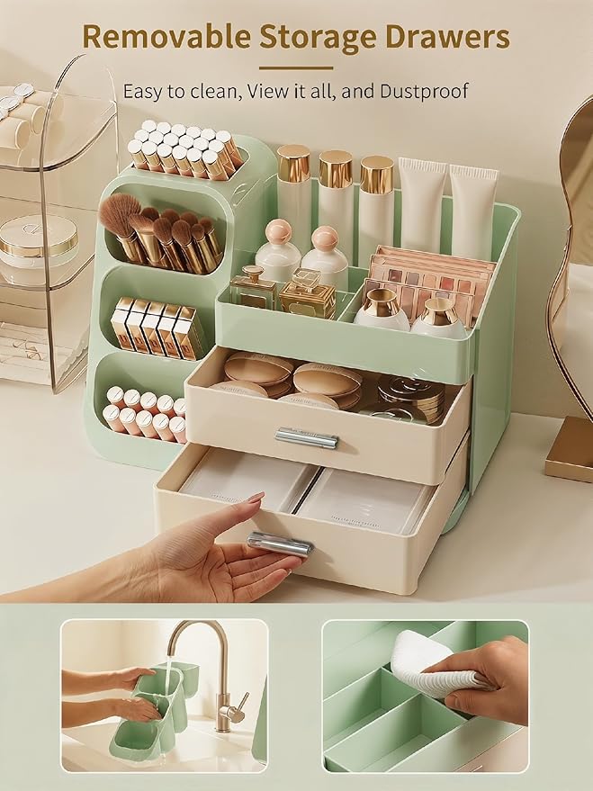 Booklov Makeup Organizer for Vanity, Large Capacity Cosmetic Display Case with Drawers, Countertop Beauty Storage Holder for Skincare, Brush Eyeliner Eyeshadow Lipsticks, Counter Desk, Cream Green
