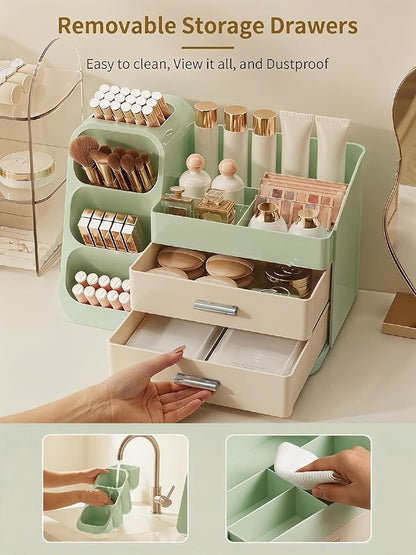 Booklov Makeup Organizer for Vanity, Large Capacity Cosmetic Display Case with Drawers, Countertop Beauty Storage Holder for Skincare, Brush Eyeliner Eyeshadow Lipsticks, Counter Desk, Cream Green