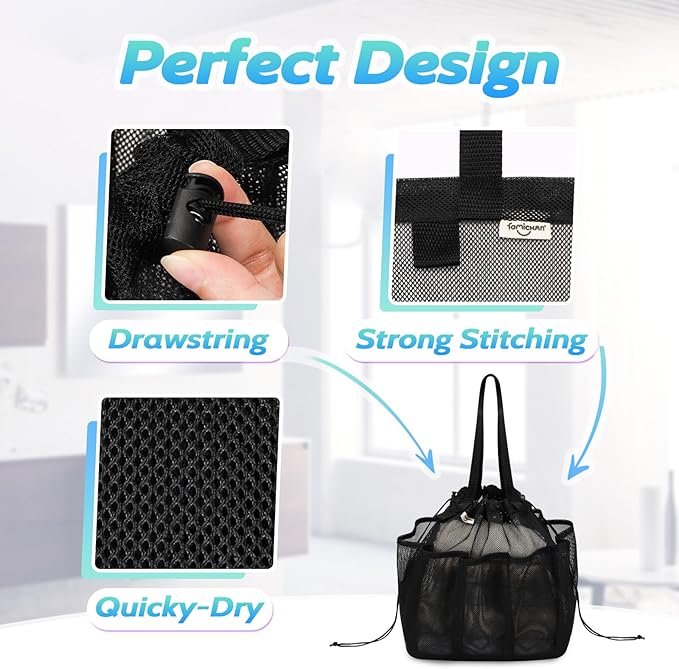 famichan Mesh Shower Caddy Portable with Drawstring, Dorm Room Essentials for College Students boy & girl, Larger Shower Bag for Camping,Swimming,Gym,Travel,Bathroom - Black