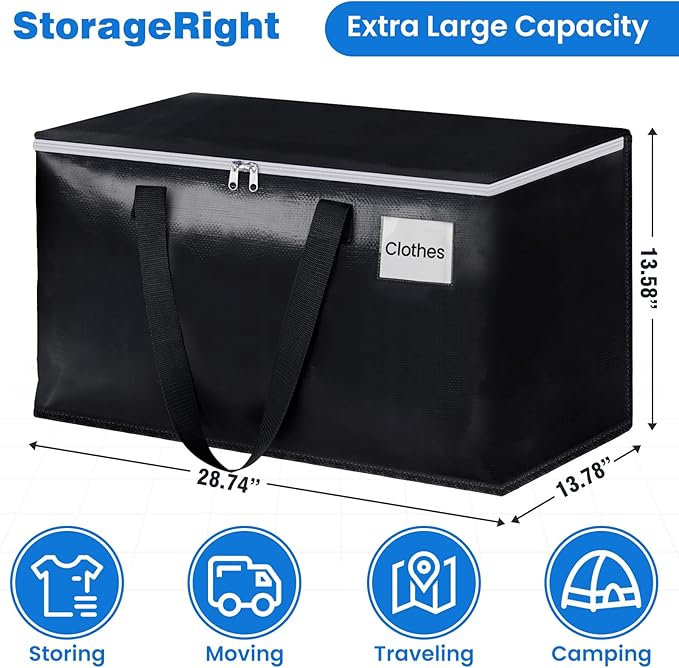 StorageRight Large Moving Bags Heavy Duty Storage Totes for Storage,Packing & Moving Collapsible Moving Supplies with Large Capacity, Reinforced Zippers and Handles, 88L, 4 Packs