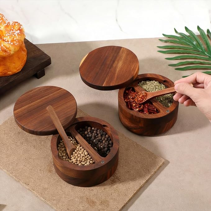 2pcs Acacia Wood Salt and Pepper Bowl 12 oz Salt Cellar with Swivel Lid & Spoon SaltContainer Holder Elegant Seasoning Bowl Container for Kitchen Storage Spice Favorite Seasonings