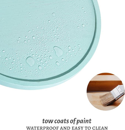 Round Decorative Tray Wood Bathroom Counter Organizer Farmhouse Kitchen Decor Wooden Riser for Soap Dish, Perfume, Candle, Sponge, 12" - Light Blue
