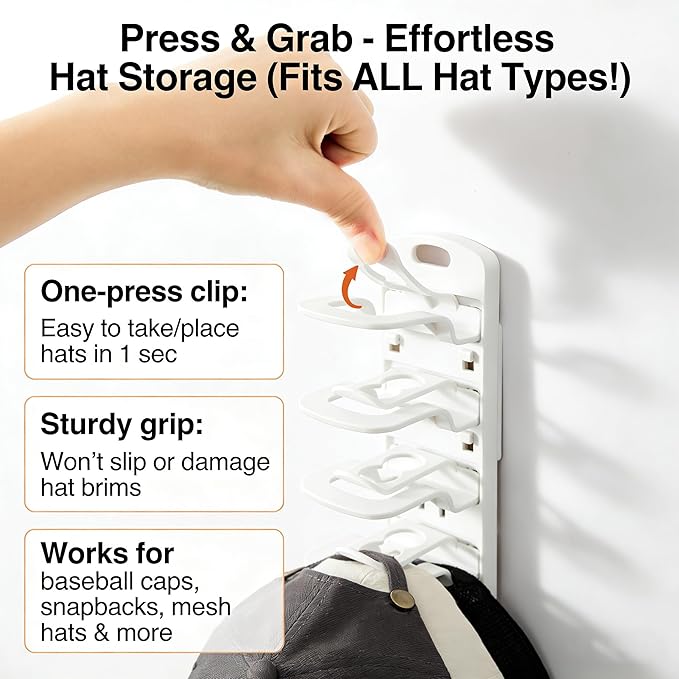 Hat Organizer for Wall, 2 Pack Adhesive Hat Rack for Baseball Caps, No Drilling or Wall Mount Cap Holder with Hooks, Over the Door Hat Storage Organizer for 20 Caps, Closet Storage White