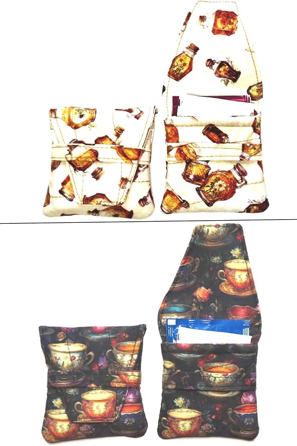 Small Teabag Shaped Tea Bag Wallet, Choice of More Than 12 Fabric Designs, Quilted, Handcrafted, Nothing Falls Out, Secure Hold: Choose from Tea Cups, Honey Bees, Macarons, To Go Cups and More