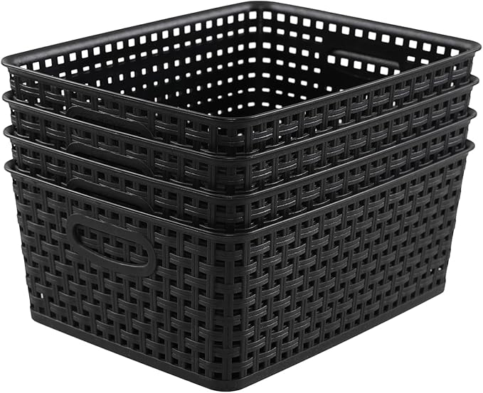 Plastic Weave Storage Baskets, Plastic Shelf Basket Bins, Black, 4 Packs
