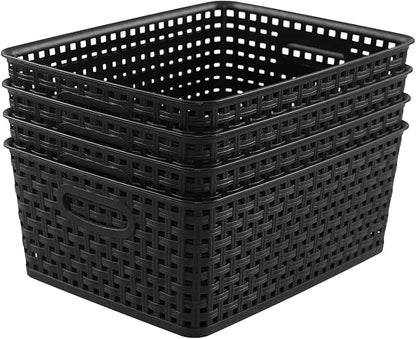 Plastic Weave Storage Baskets, Plastic Shelf Basket Bins, Black, 4 Packs