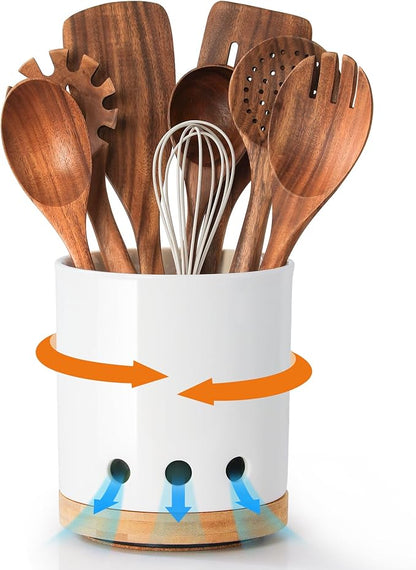 LoeJan 7.3“ 360° Rotating Ceramic Utensil Holder for Kitchen Countertop – Cooking Utensil Crock Organizer with Non-Slip Cork Base for Farmhouse Kitchen Decor, White