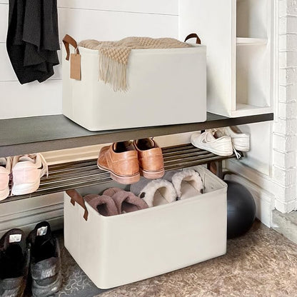 CHICVITA Storage Baskets for Shelves, 19" x 13" x 11" Closet Storage Bins with Handles, Foldable Fabric Bins with Metal Frame, Extra Large Storage Basket for Toys, Blankets, Beige, 2-Pack