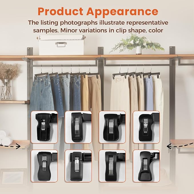 HOUSE DAY Black Pants Hangers 50 Pack, 12 Inch Skirt Hangers with Non-Slip Big Clips and 360° Swivel Hook, Heavy Duty Slim Plastic Pant Hanger, Space Saving Clip Hanger for Pants, Skirts, Shorts