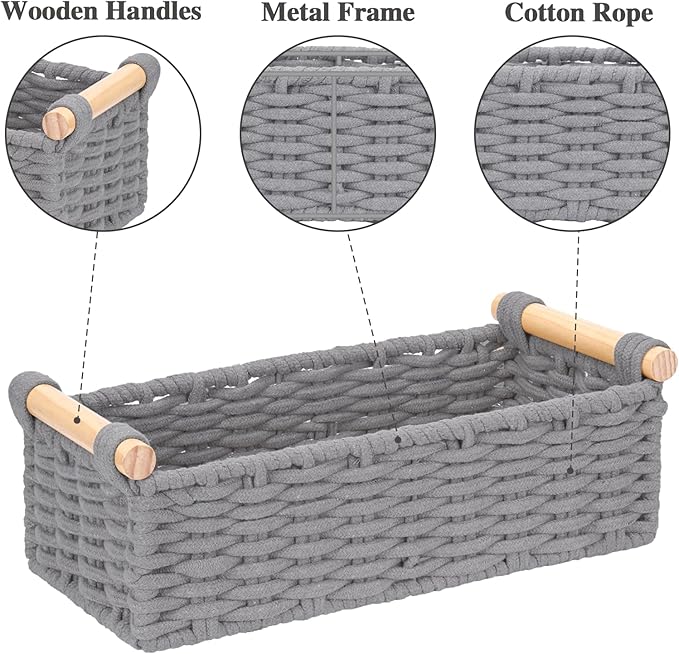 Boho Cotton Rope Storage Baskets Set of 2, Woven Wicker Organizer Bins with Wooden Handles, Small Decorative Boxes for Organizing, Toilet Paper Baskets for Bathroom Countertop, Shelves (Gray 2 Pack)