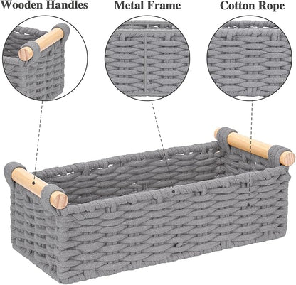 Boho Cotton Rope Storage Baskets Set of 2, Woven Wicker Organizer Bins with Wooden Handles, Small Decorative Boxes for Organizing, Toilet Paper Baskets for Bathroom Countertop, Shelves (Gray 2 Pack)