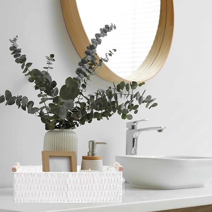 Boao 3 Pcs Boho Storage Wicker Baskets Handmade Woven Decorative Paper Rope Baskets for Organizing with Handle Countertop Toilet Paper Storage Container for Toilet Tank Top(White,Rectangle)