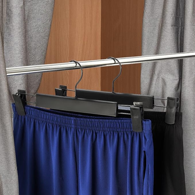 GUANJUNE 10 Pack Clothes Pants Hangers, Space-Saving Skirt Holders with 360 ° Swivel Hooks, Adjustable Clips, Trouser Coat Garment Jeans Black