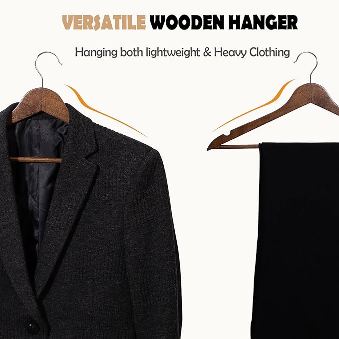 Solid Wooden Hangers 30 Pack, Wood Suit Hangers with Extra Smooth Finish, Precisely Cut Notches & Chrome Swivel Hook, Wooden Clothes Hangers for Shirt Coat Jacket Dress