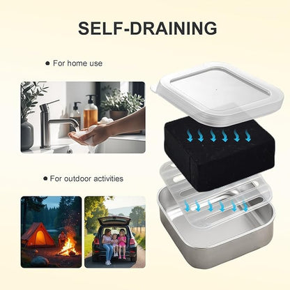 Travel Soap Container, Vonpri Stainless Steel Soap Dish with Lid - Waterproof Draining Case for Bathroom, Kitchen, Camping - Durable Compact Bar Holder for Shower, Sink and Outdoor (Silver, 4.1x4.1in)